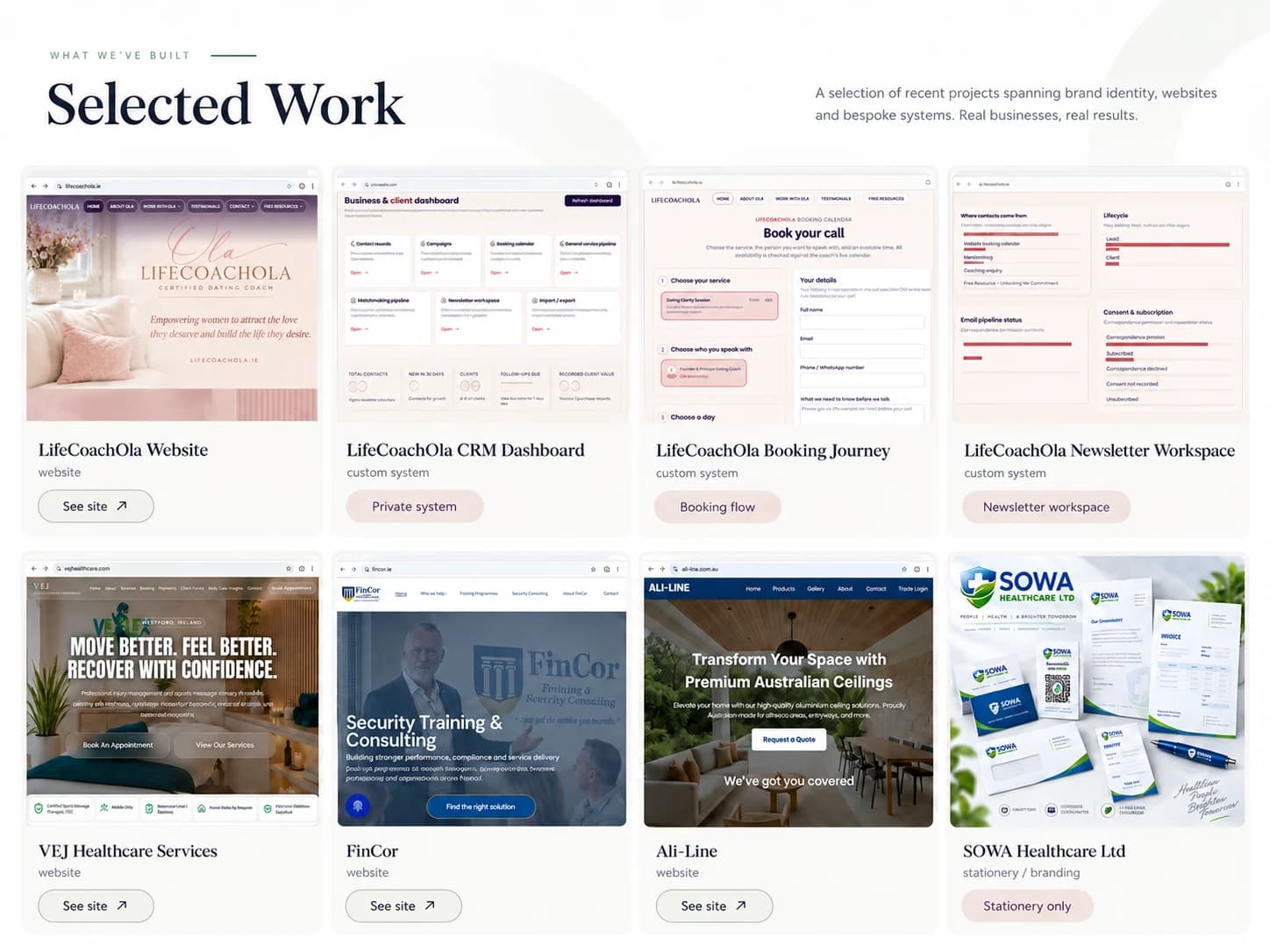 Selected Oconcept work including the LifeCoachOla website, custom CRM, booking journey and newsletter workspace, plus VEJ Healthcare Services, FinCor, Ali-Line and SOWA Healthcare stationery