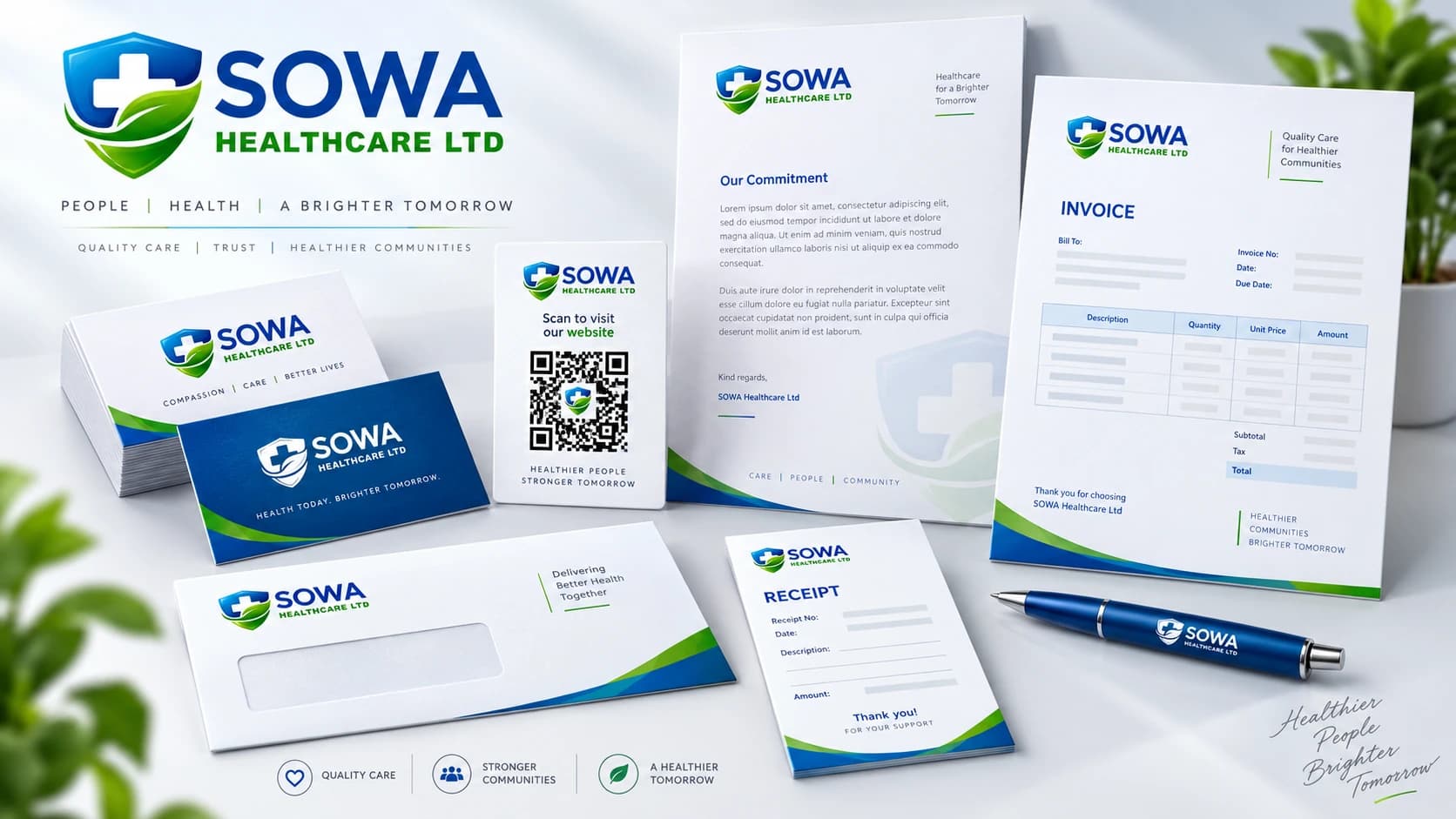 SOWA Healthcare business stationery with business cards, letterhead, invoice, receipt and envelope